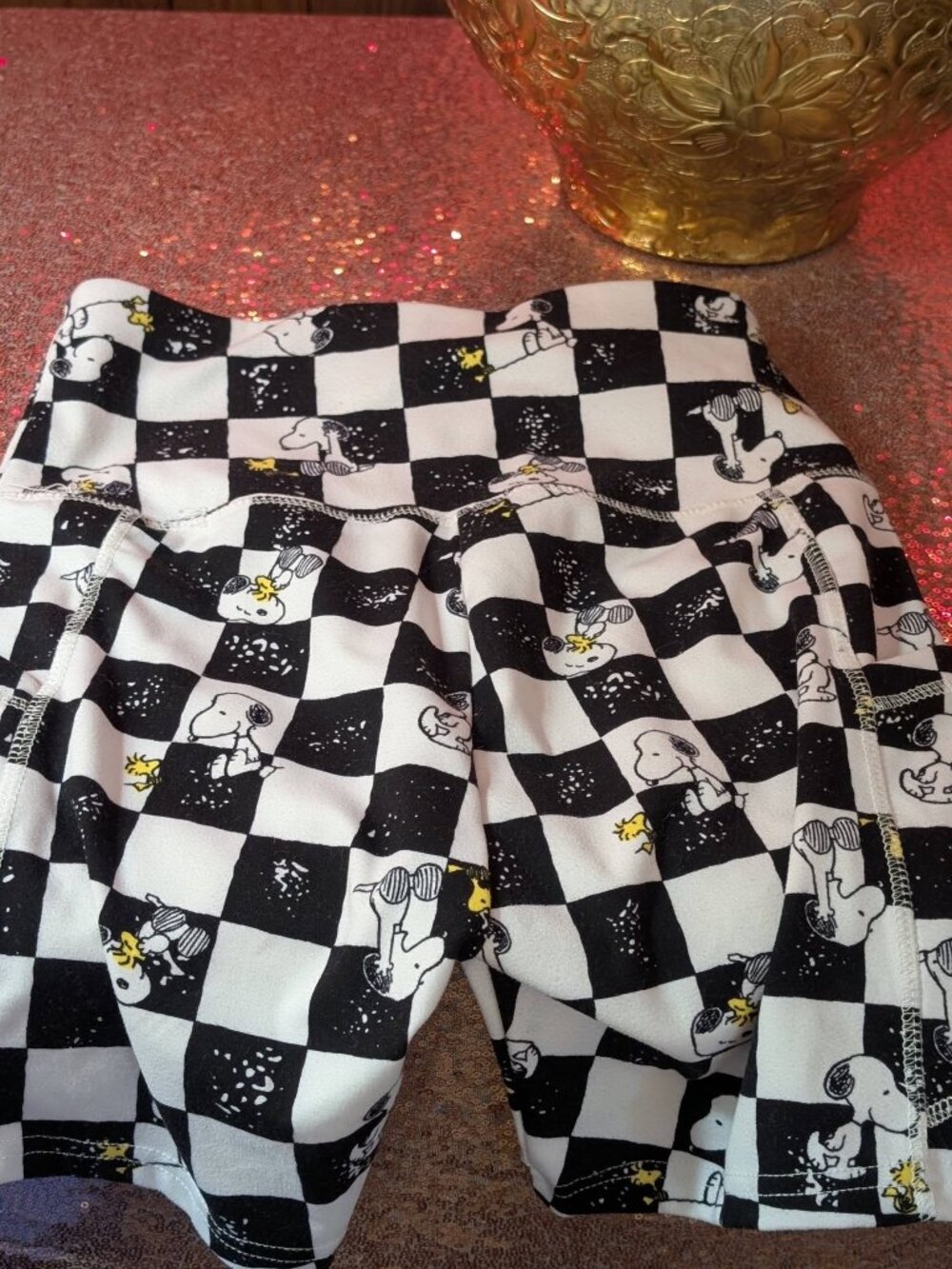 These are Peanuts brand Snoopy and Woodstock checkered biker shorts